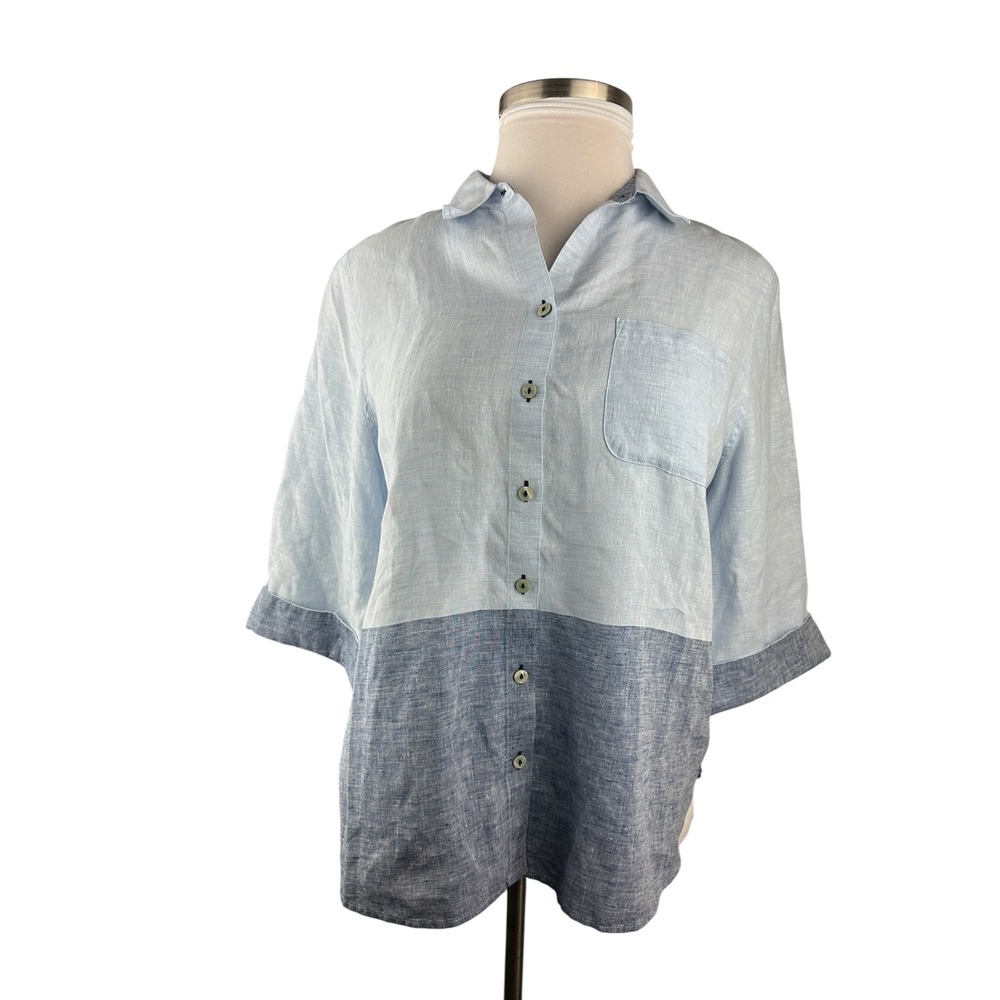 Chico's 100% Linen No-Iron Button-Up Shirt Colorblock TopSize 2 12 / 14 Coastal - Picture 3 of 10